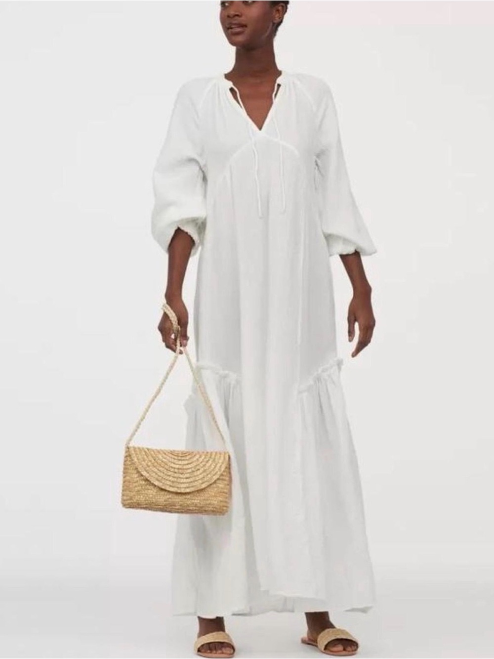 NWT! H&M White Maxi Peasant Dress with Tie Neck
